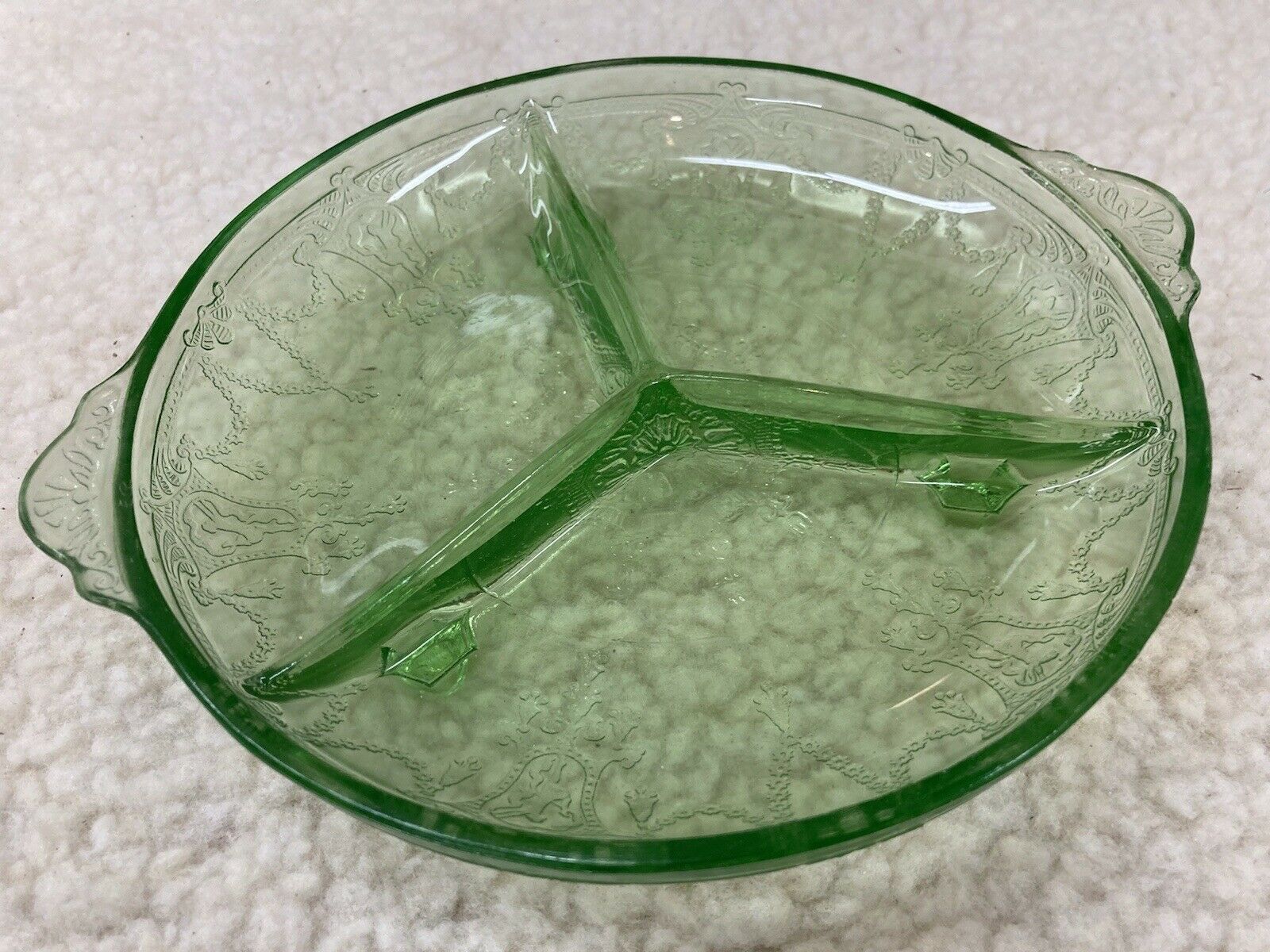 Very Nice Green Depression Glass -divided & Footed Serving Dish - Ballerina Pat.