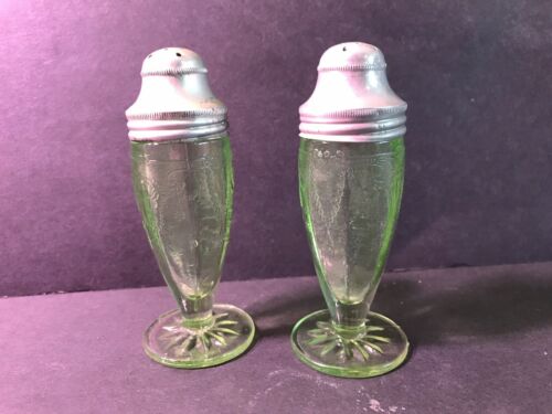 Vintage Hocking Green Uranium Glass Cameo Ballerina 1930's Salt & Pepper Shakers